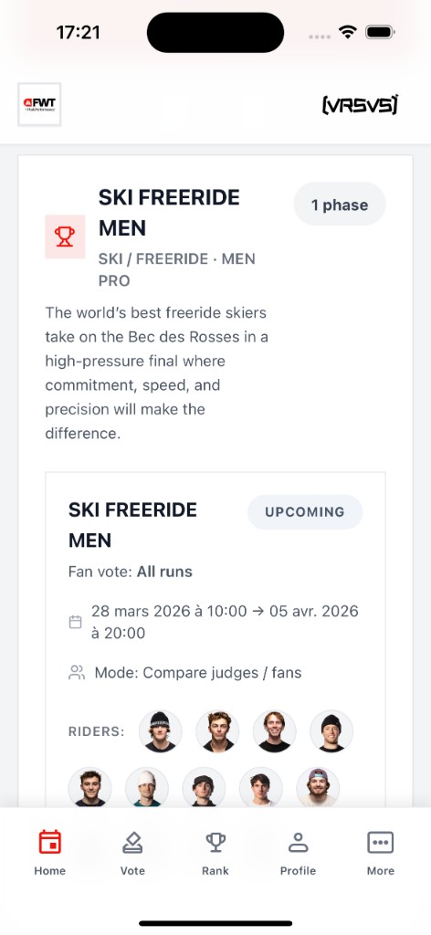VRSVS · webapp fan, compétition Ski Freeride Men